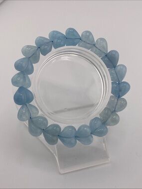 High Quality Aquamarine Heart Bracelet - Genuine Translucent Blue Carved Beads